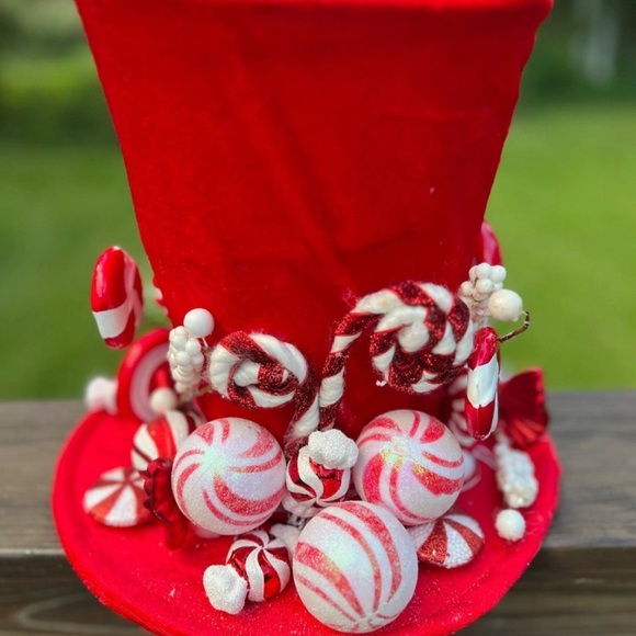 Red Candy Cane Candyland Peppermint Top Hat Decoration Christmas Tree Topper - Picture 6 of 8